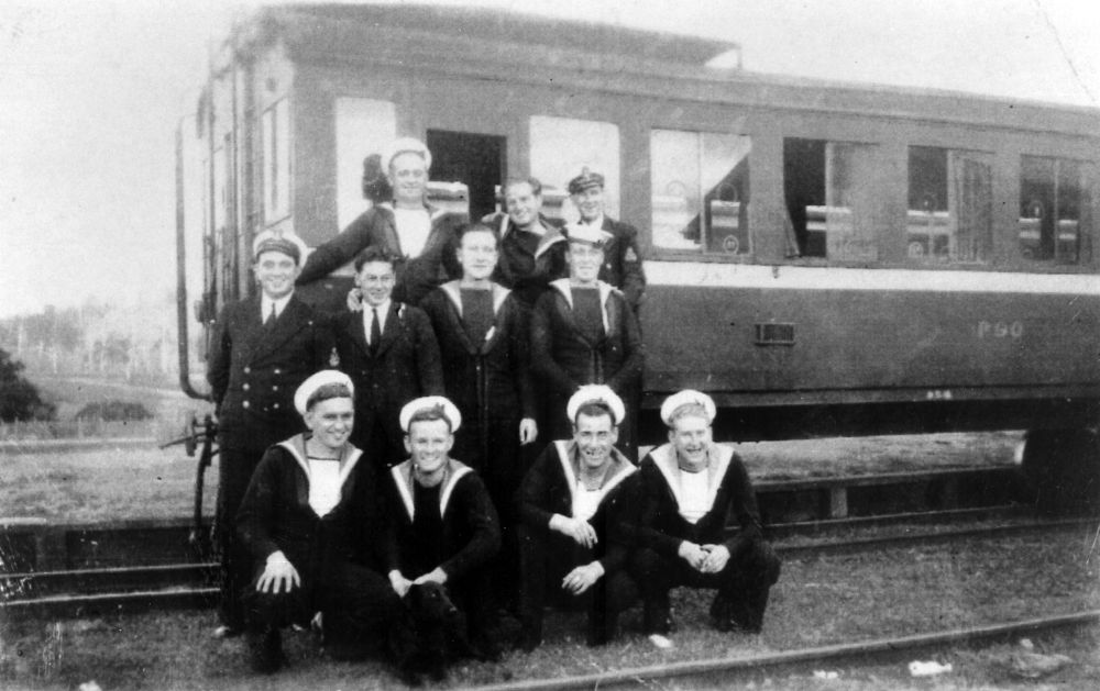 Group of Royal Navy sailors at the Dayboro Railway Station in the 1940s