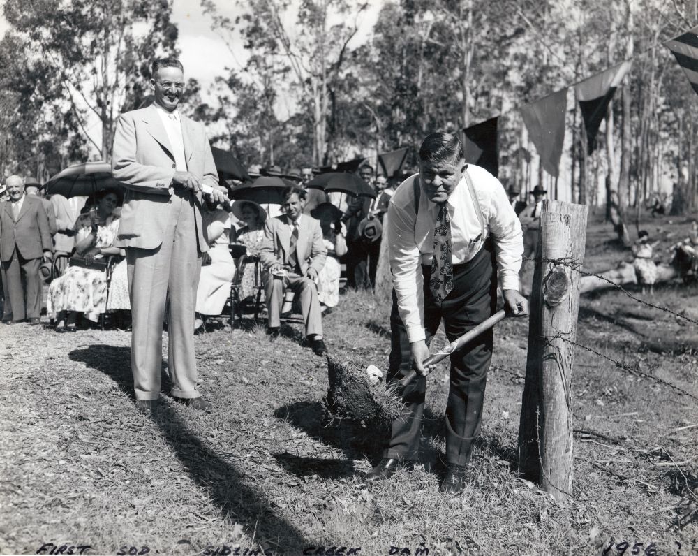 Ceremony to mark the turning of the first sod, Sideling Creek Dam (Lake Kurwongbah), 18 February 1956