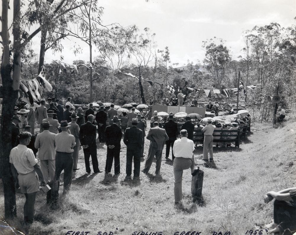 Ceremony to mark the turning of the first sod, Sideling Creek Dam (Lake Kurwongbah), 18 February 1956