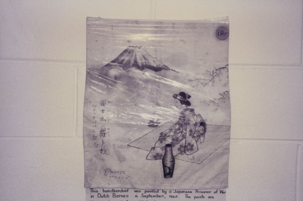 Drawings on a Red Cross handkerchief painted by a Japanese Prisoner of War in Dutch Borneo, September 1945