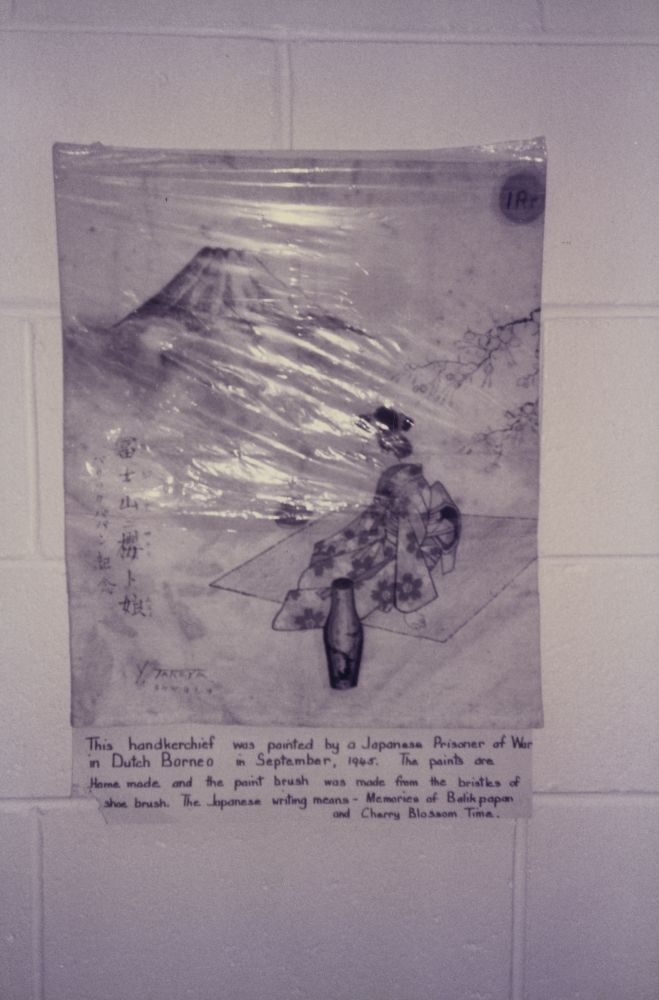 Drawings on a Red Cross handkerchief painted by a Japanese Prisoner of War in Dutch Borneo, September 1945