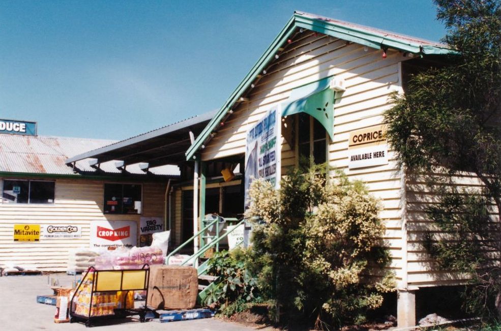 Partial view of the Pine Rivers Produce and Saddlery store, Gympie Road Lawnton, early 1980s