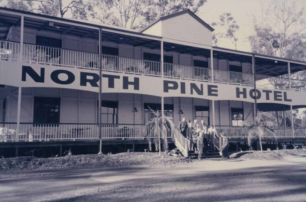 Petrie Historical Society members at the replica of the North Pine Hotel at North Pine Country Park, 1995