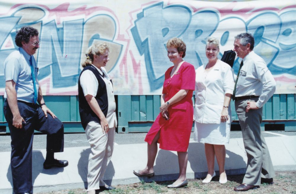 Pine Rivers Shire Councillors at the tower of recycling rubbish, ca. 1990