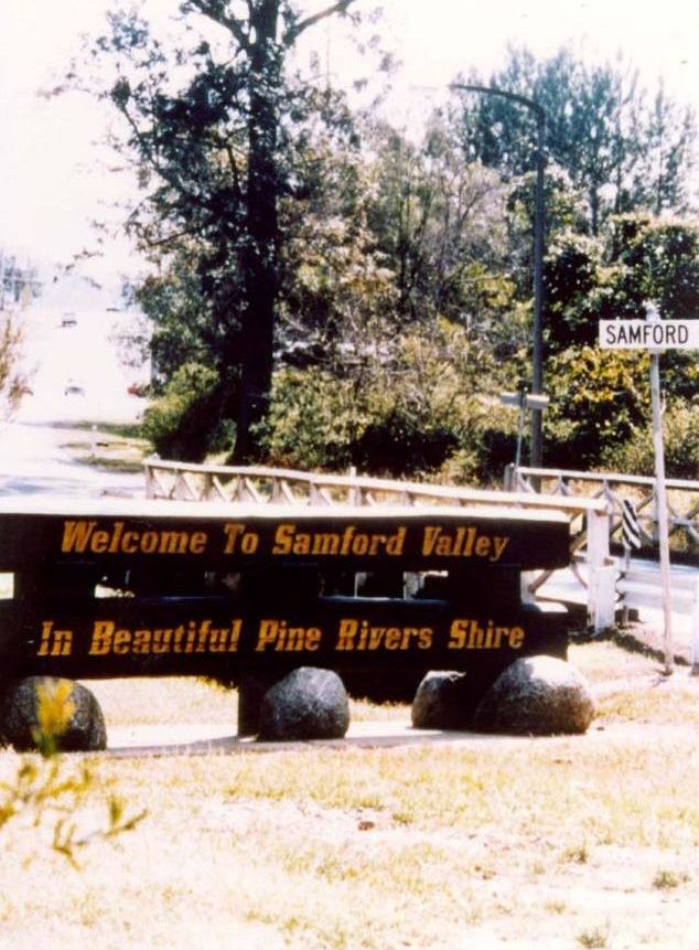 Entry sign to Samford Valley over Samford Creek