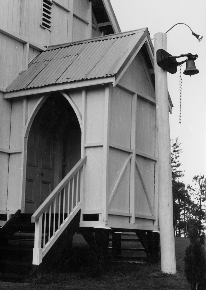 Entrance and bell at the front of the North Pine Presbyterian Church, Petrie in 1976