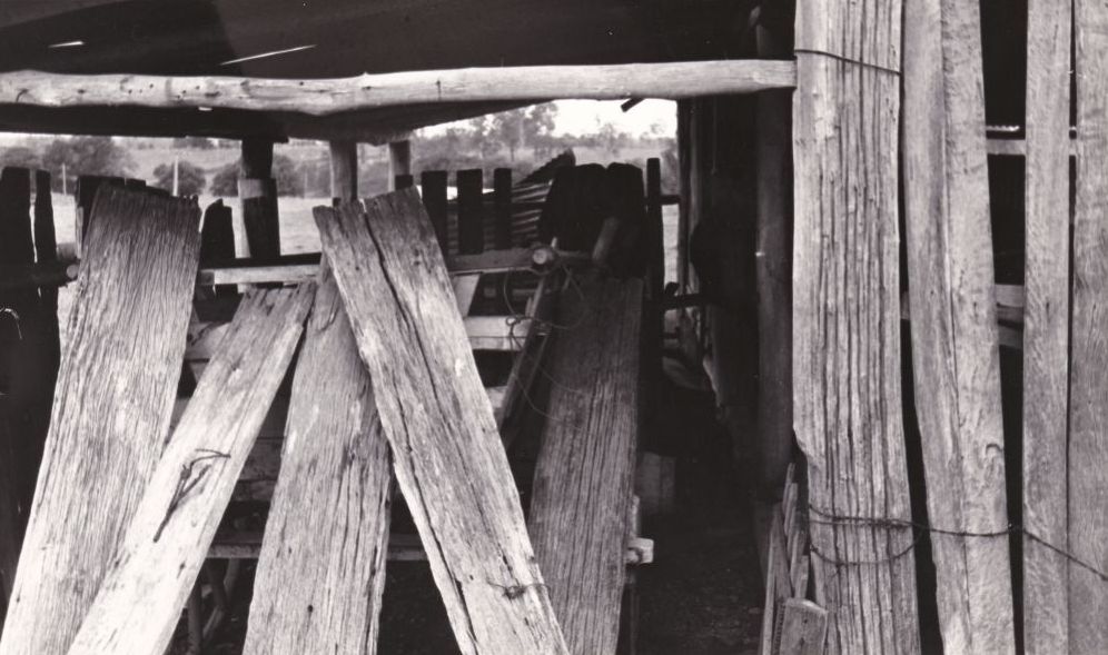 View inside of a slab barn on Hyde's property, 1976