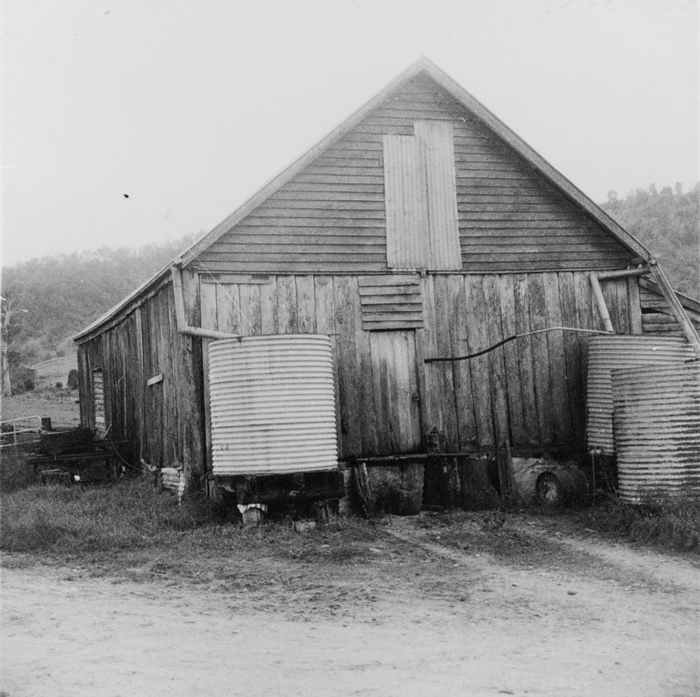 Slab barn on property owned by Owen Leis, Woodford Road Dayboro, 1976