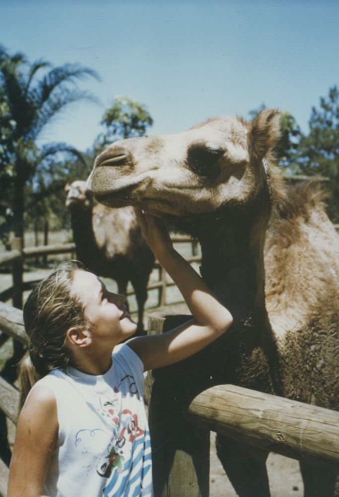 Young girl with camels at Alma Park Zoo, ca. 1990