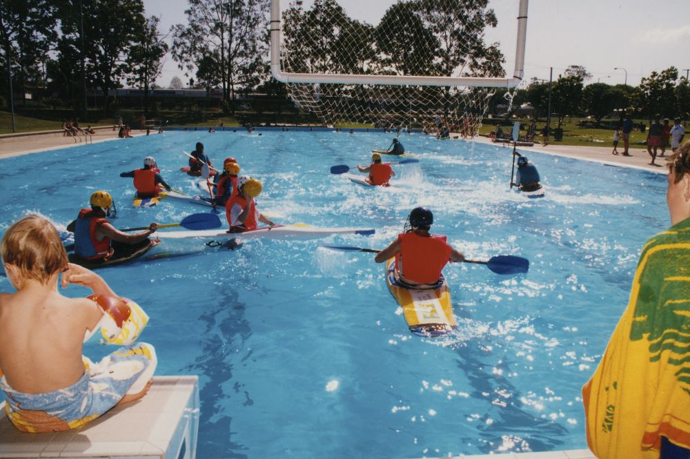 Kayak Water Polo at Lawnton Swimming Pool, Gympie Road Lawnton, ca. 1990