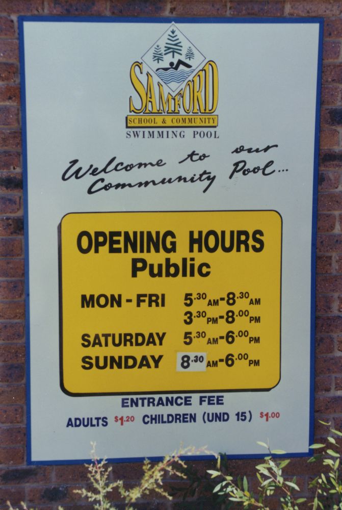 Sign at Samford School and Community Swimming Pool, 1994
