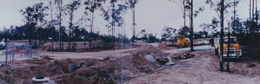 Panoramic view of early construction of Albany Creek Leisure Centre, ca. 1995
