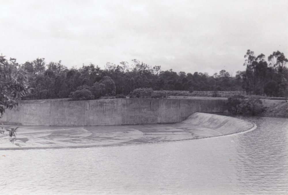 Dam and spillway at Sideling Creek, ca. 1970