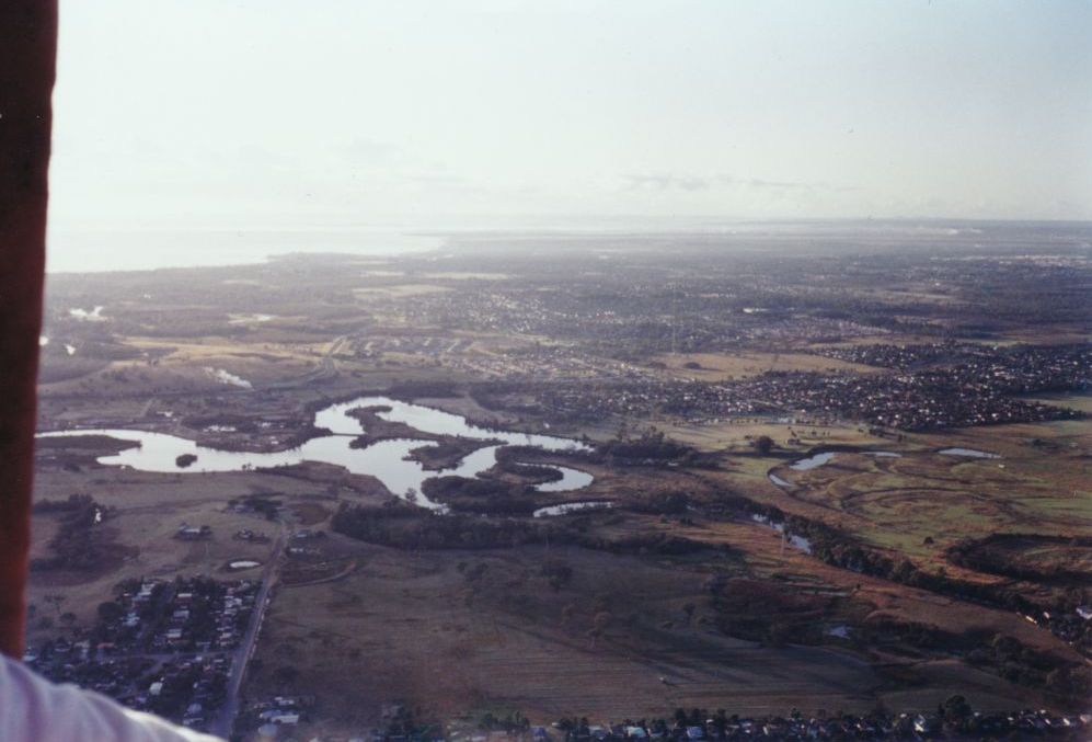 Aerial view over Grahams Road Strathpine from a hot air balloon, 1994