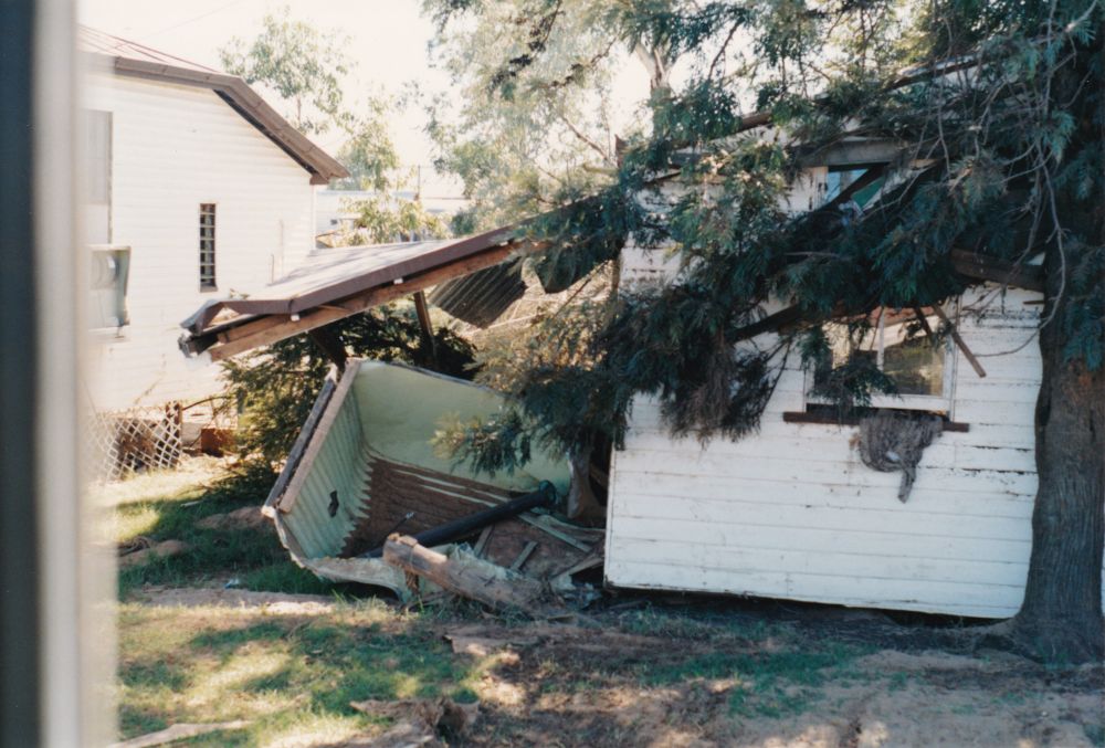 House destroyed when it was washed from it foundations during floods in Charleville (Qld.), 1990