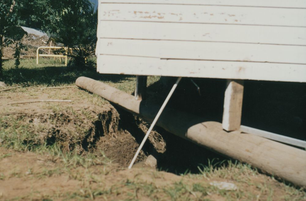 Foundations to a house washed away during floods in Charleville (Qld.), 1990