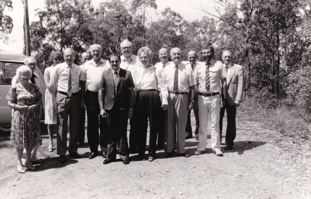 Group of people with Pine Rivers Shire Councillor Alan Hughes, ca. 1970s