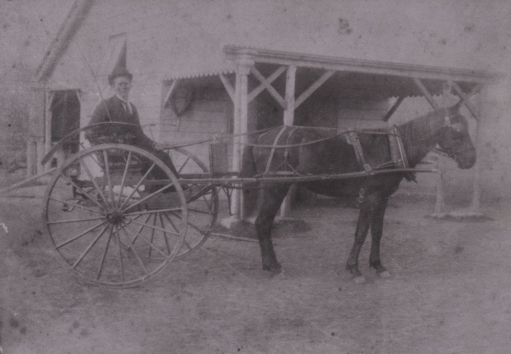 Sulky in front of Laceys Creek Creamery, ca. 1900