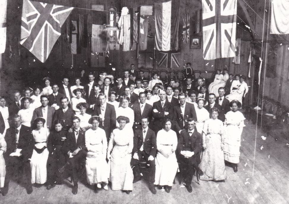 Group of people at the Lawnton Showgrounds Hall, ca. 1917