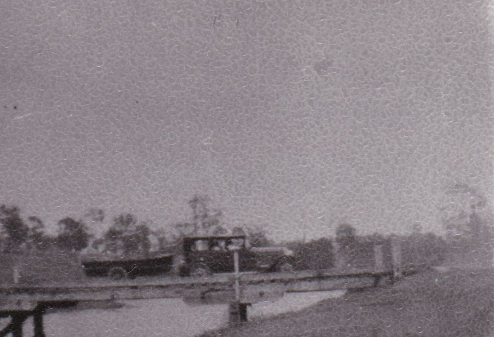 Crossing the old North Pine River bridge, ca. 1930