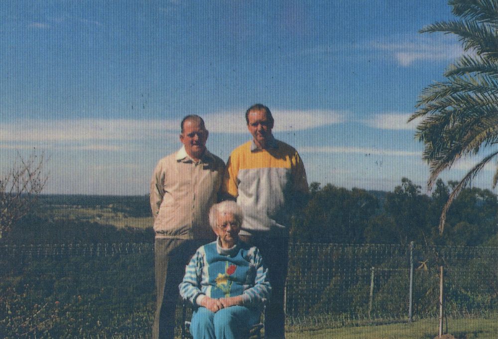 Mrs Edith McDowall with sons Campbell and Kemsley, ca. 1990s