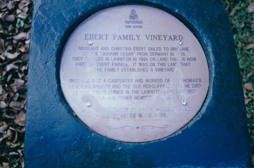 Historic plaque commemorating the site of the Ebert family vineyards, Lawnton, 1998