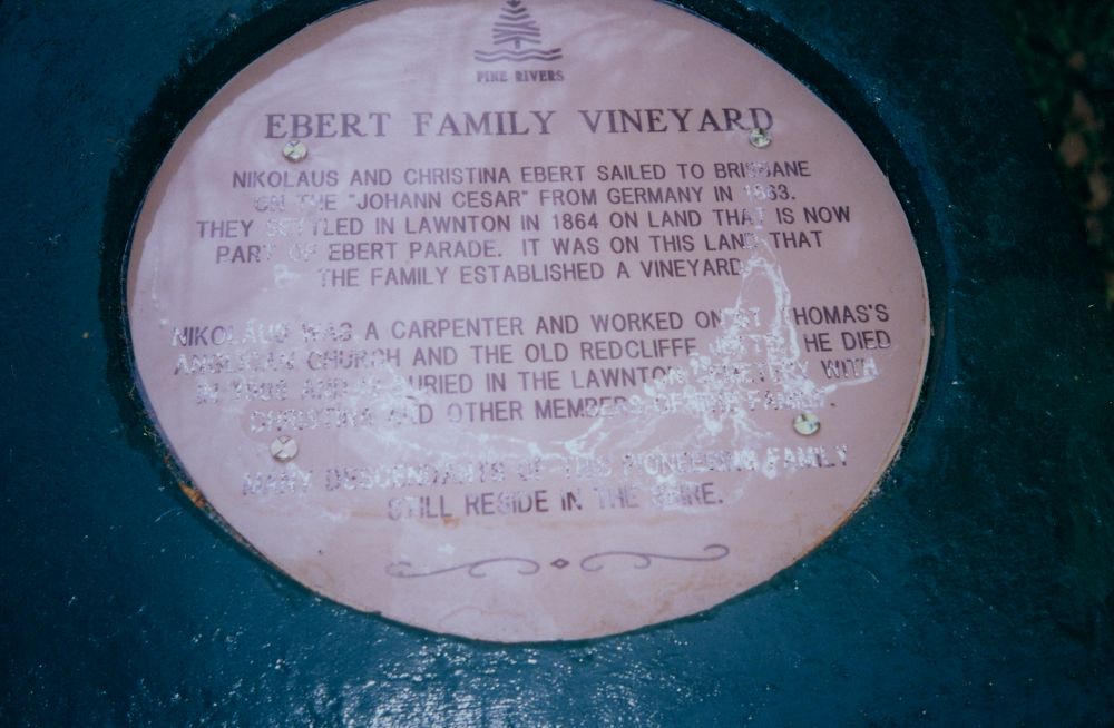 Historic plaque on the site of the Ebert family vineyard, Lawnton, 1998