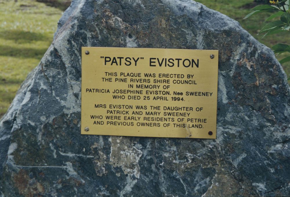 Patsy Eviston memorial plaque, Sweeney Reserve, Petrie, 1998