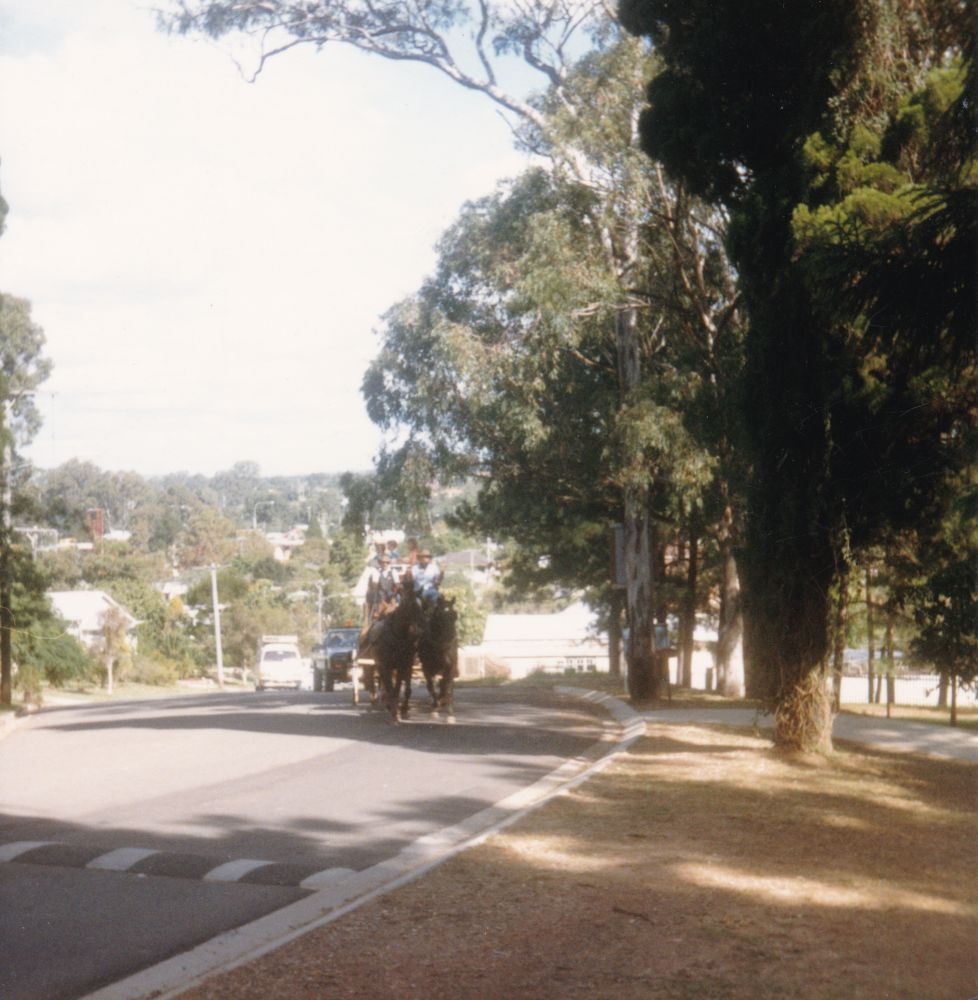 Re-enactment of a Cobb &amp; Co. coach arriving at Our Lady of the Way Primary School, Petrie, 1988