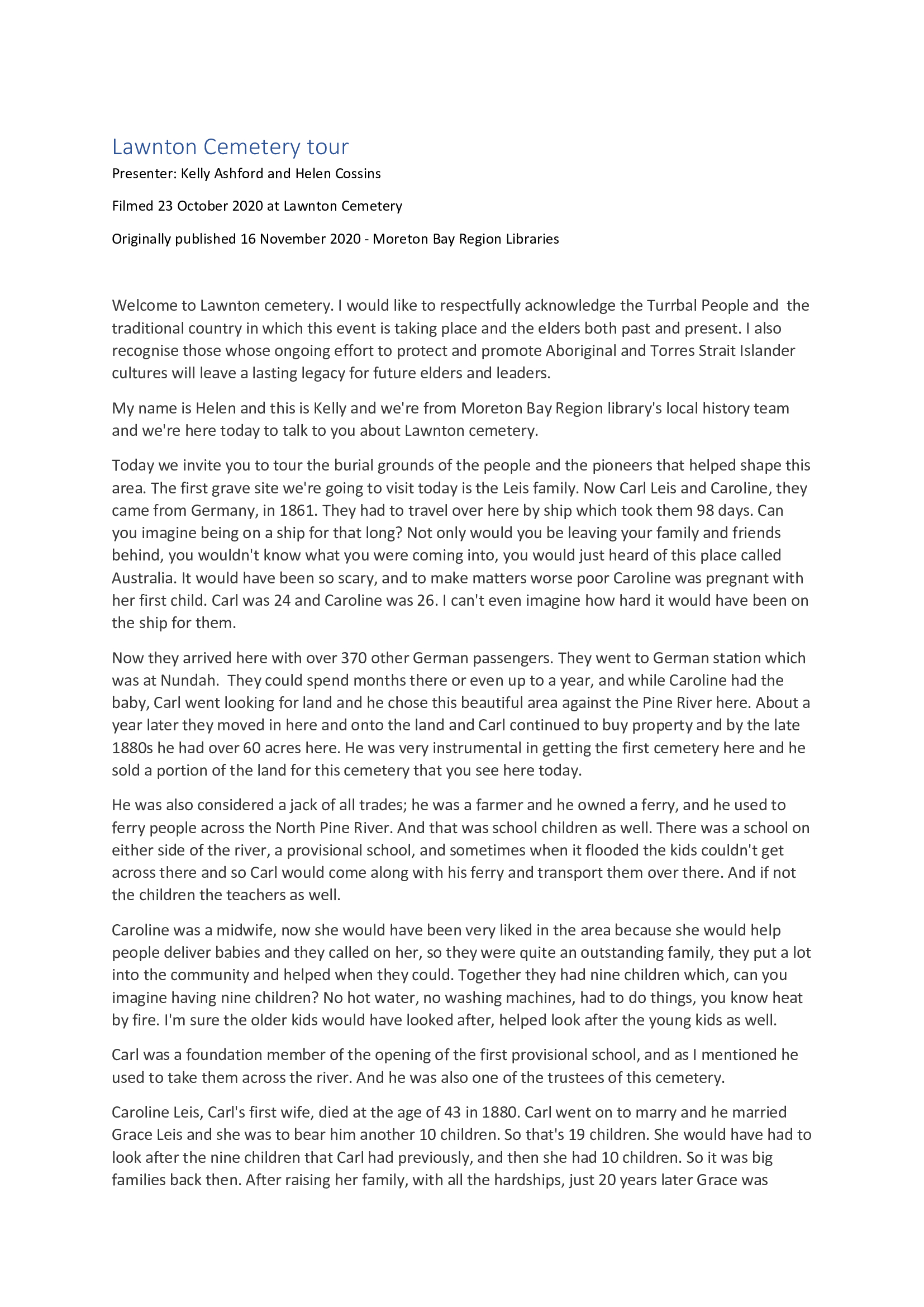 Lawnton Cemetery Tour - filmed 23 October 2020