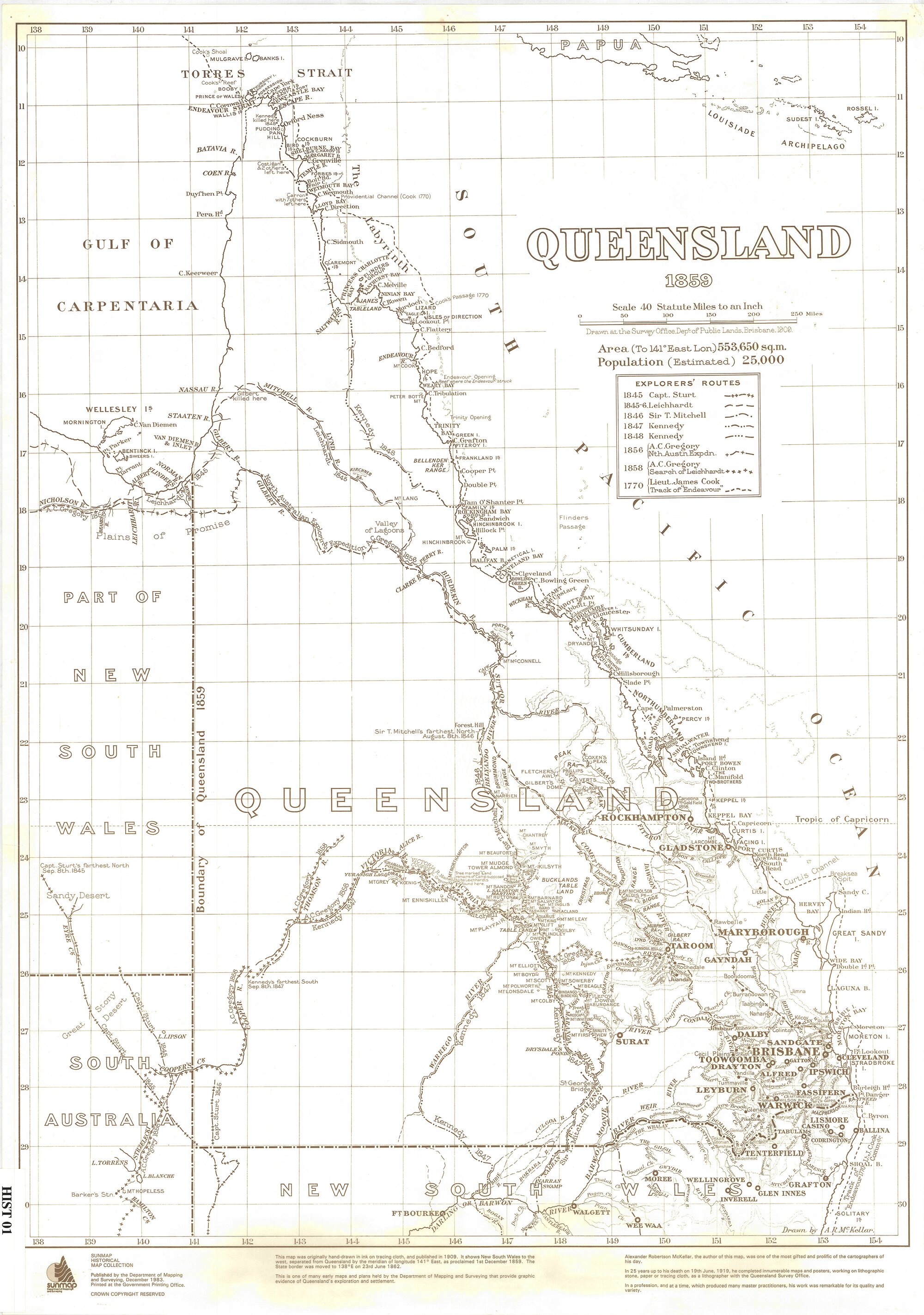 Queensland, State Map dated 1859 Showing the routes  of Explorers