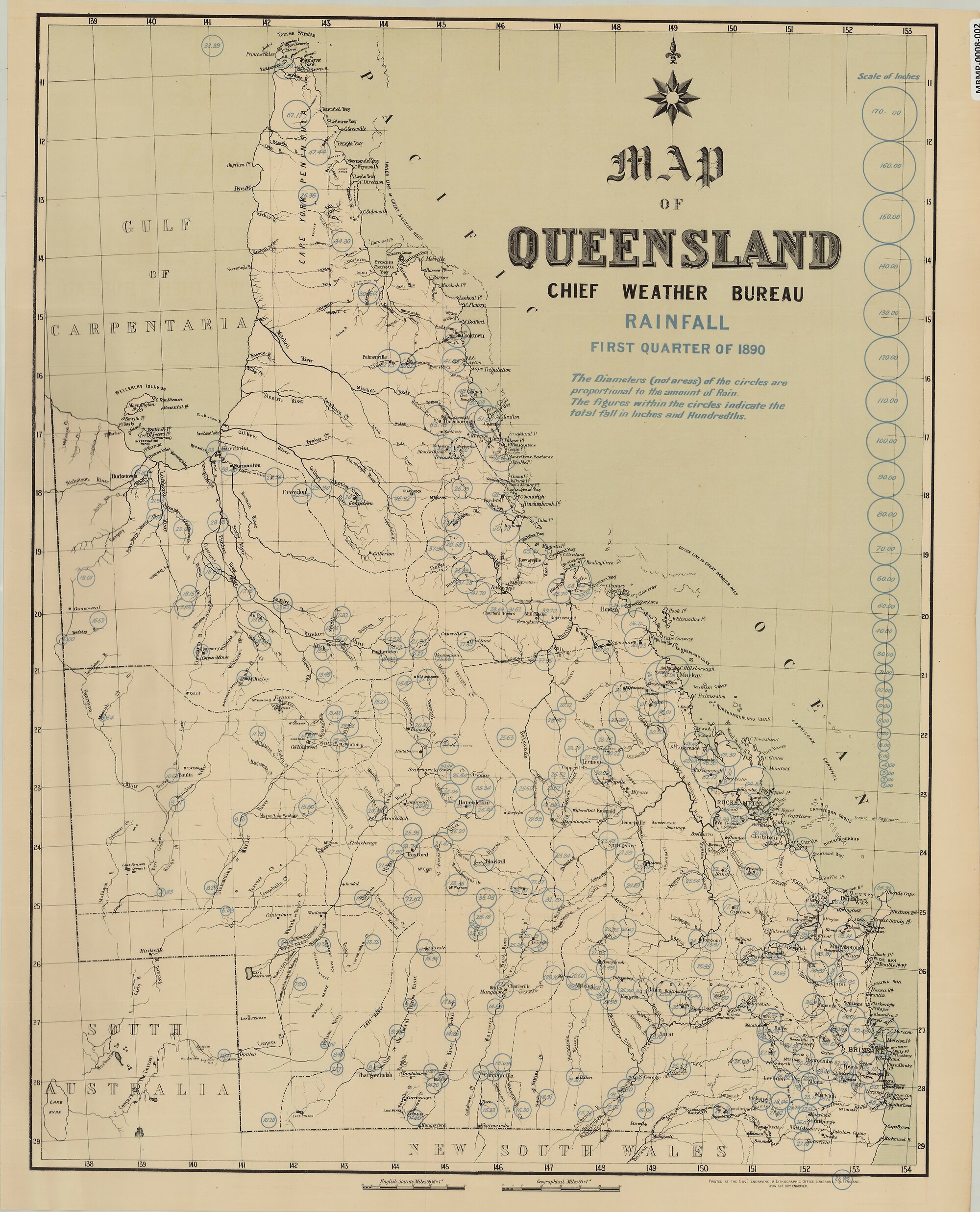 Queensland, Chief Weather Bureau Rainfall Map, First Quarter of 1890