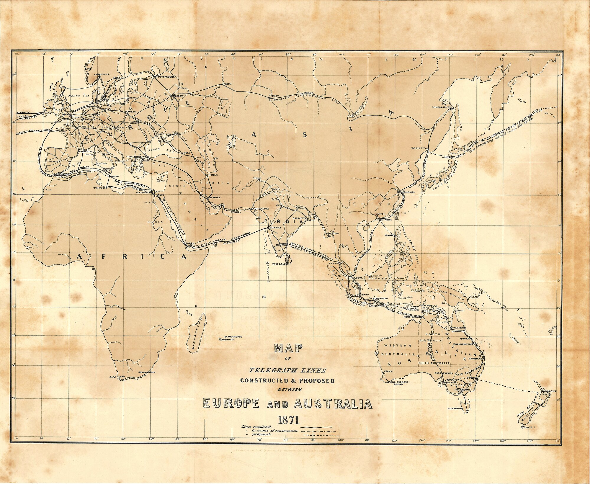 World, Telegraph Lines between Europe and Australia, 1871
