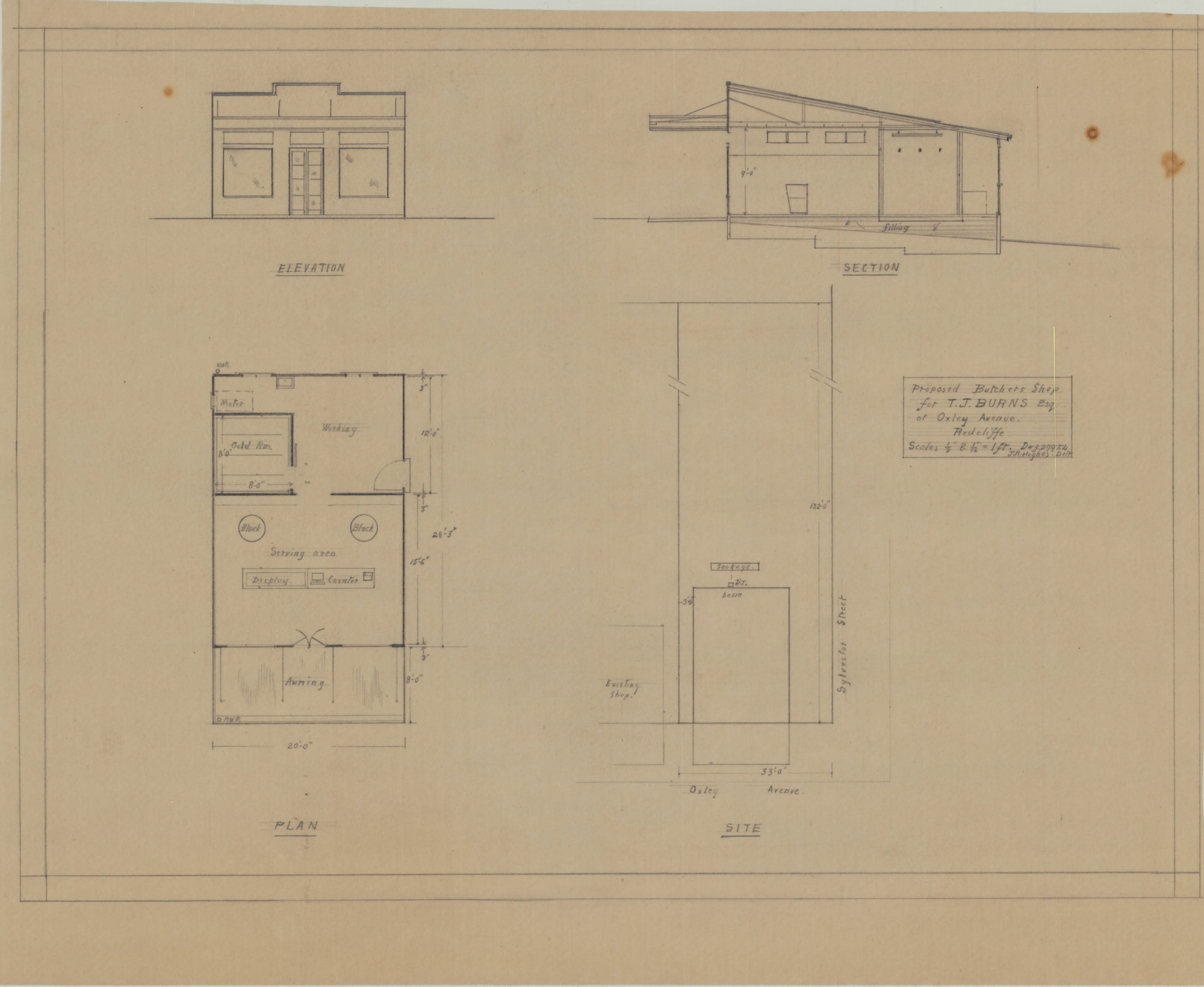 Building and Site Plan for Butcher's Shop for T. J. Burnes - Oxley Avenue Redcliffe - Original