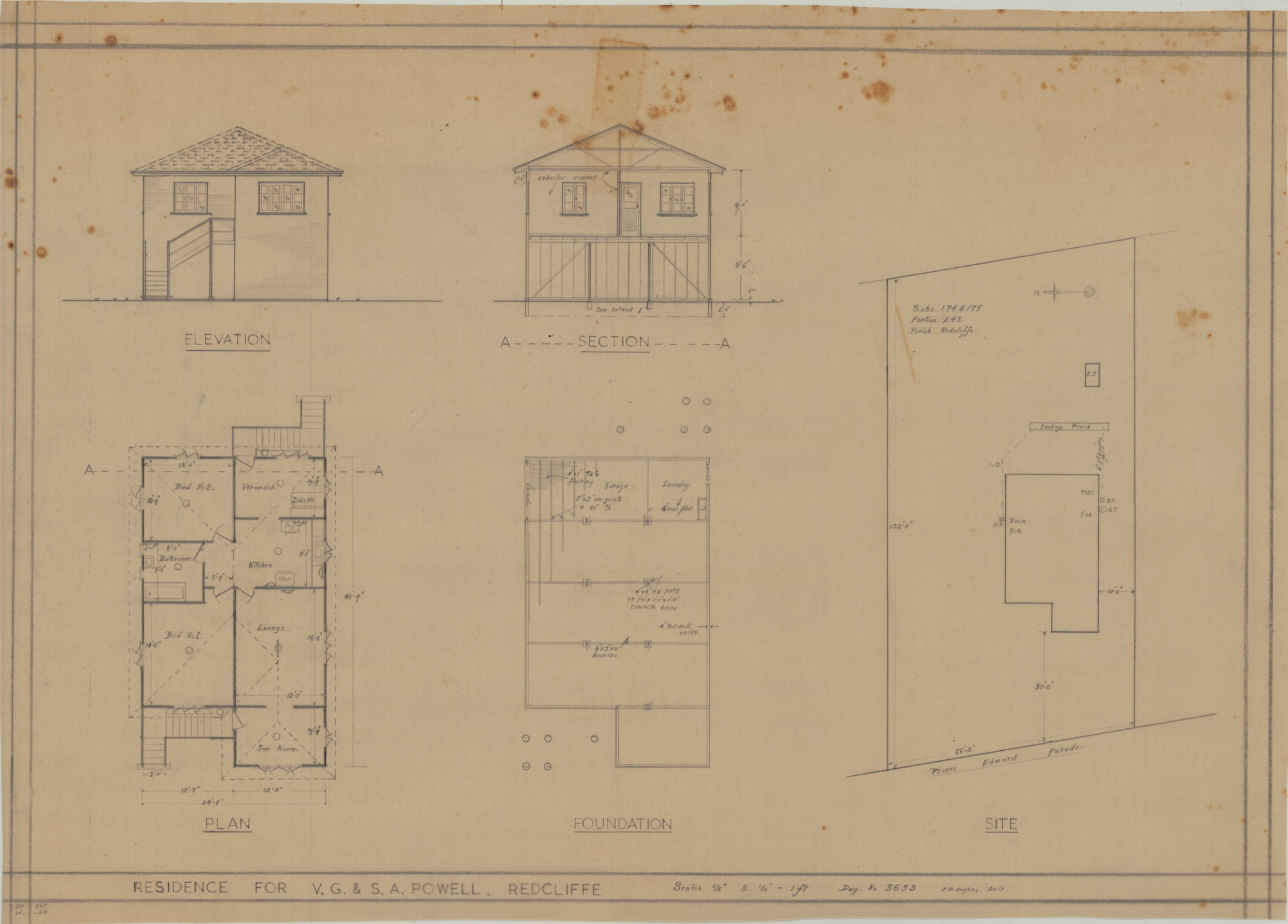 Building and Site Plan for Residence for V. G. &amp; S. A. Powell - Prince Edward Parade Redcliffe - Original