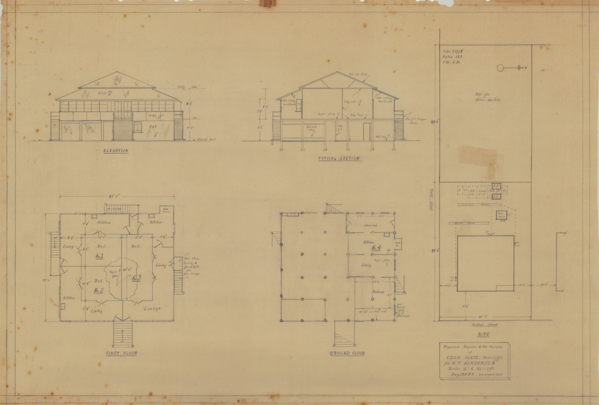 Building and Site Plan for Endor Flats for O. T. Henderson - Corner Sutton Street &amp; Violet Street Redcliffe - Original