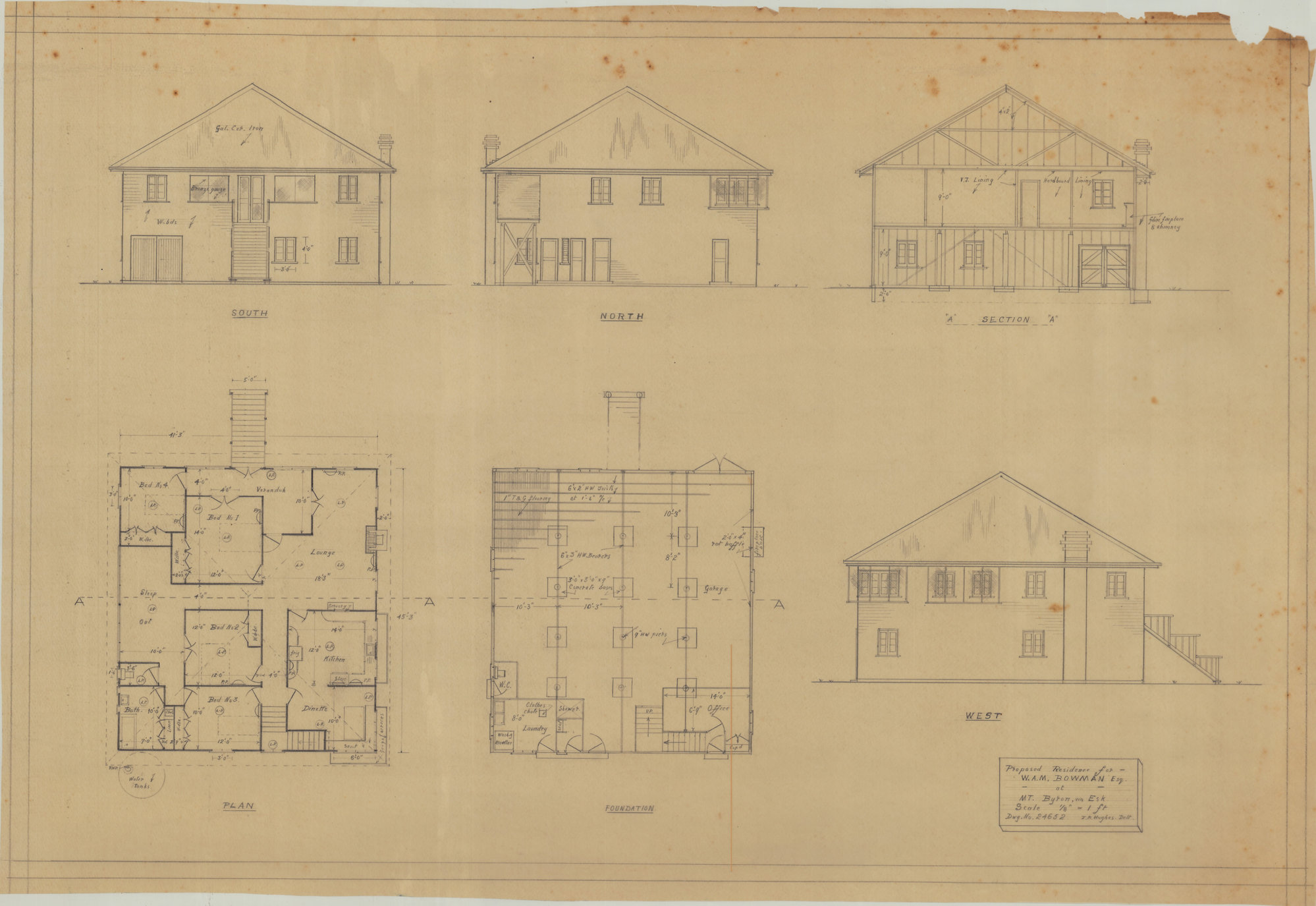 Building Plan for W. A. M. Bowman - Mt Byron via Esk - Original