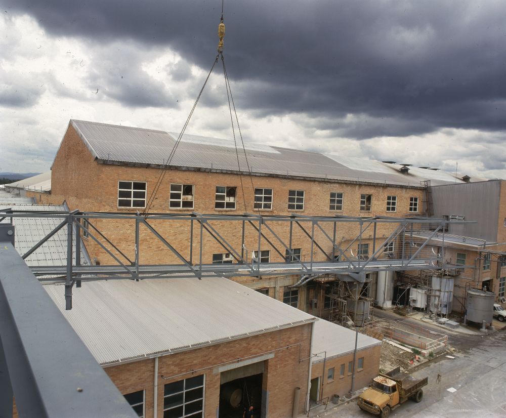Working on steel frame construction outside building