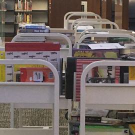 Caboolture Library - Hasking Street Caboolture - 7 April 2020 - returns trolley with quarantined items - 001