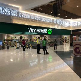 Woolworths Supermarket - Warner Marketplace Samsonvale Road Warner - 10 April 2020 - staff managing customers in and out