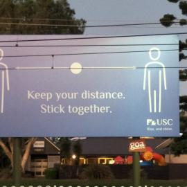 Lawnton Train Station Station Road Lawnton - 14 April 2020 - 5.50pm Lawnton Station 'Keep your distance' billboard