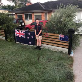 Lucas Street Scarborough - 25 April 2020 - son Spencer in Oyster Point Venturer uniform, driveway Dawn Service