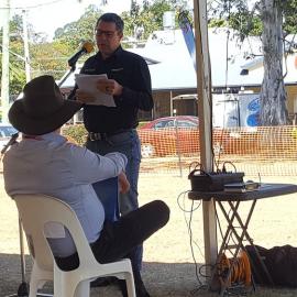 Dayboro Railway Centenary - Cnr Williams and Heathwood Street Dayboro - 26 Sep 2020 - Councillor Grimwade speaking and Greg Hallam QR Historian seated.