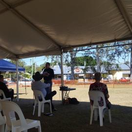 Dayboro Railway Centenary - Cnr Williams and Heathwood Street Dayboro - 26 Sep 2020 - COVID safe seating. Councillor Grimwade speaking. Carmel Bond at front.