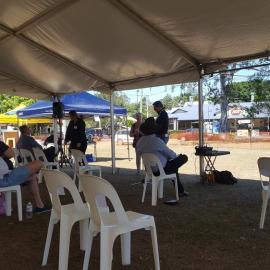 Dayboro Railway Centenary - Cnr Williams and Heathwood Street Dayboro - 26 Sep 2020 - COVID safe seating. Councillor Grimwade, Minister Nicky Boyd and Carmel Bond.