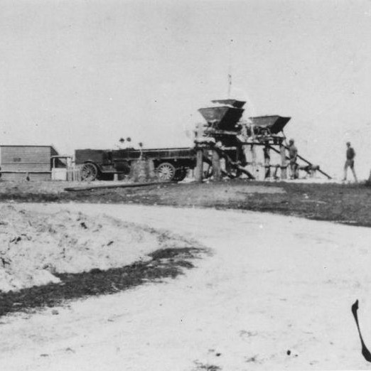 Gantry for unloading road metal, showing the hoppers