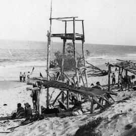 Lifesavers lookout tower on the beach at Woorim on Bribie Island, ca. 1930