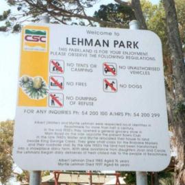 Sign in Lehman Park Beachmere which was named after Albert (Wally) and Myrtle Lehman