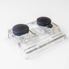 Inkwell and pen rest set - Moulded glass with Bakelite lids