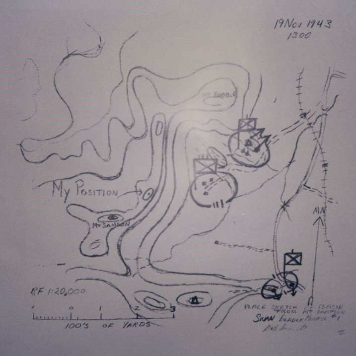 Hand-drawn map of 1st Cavalry Division manoeuvres in Samsonvale, dated 1943